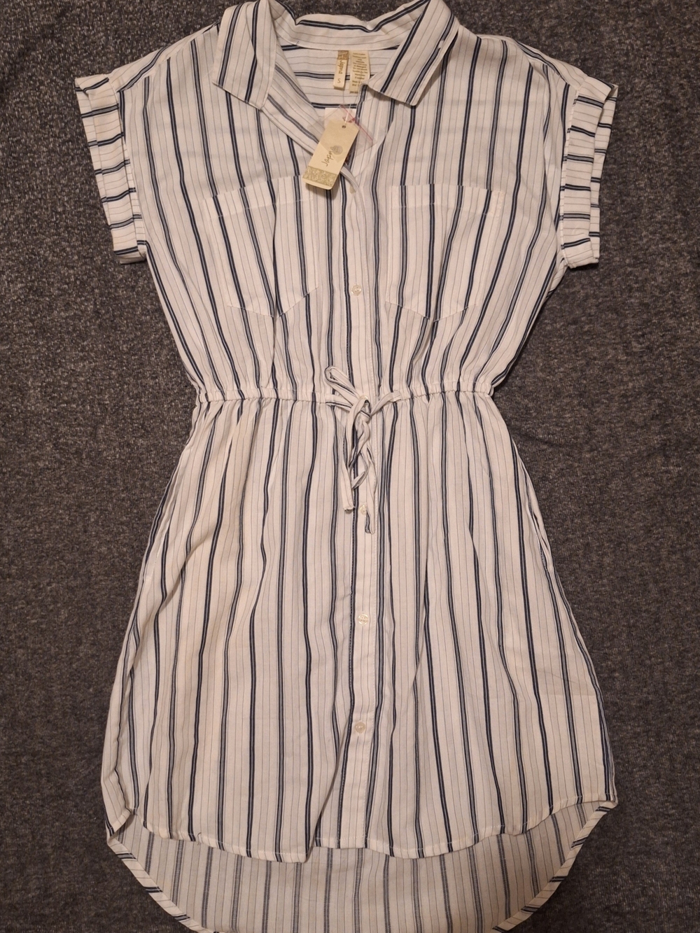 Striped White and Navy Girls' Shirt Dress - Brand: None